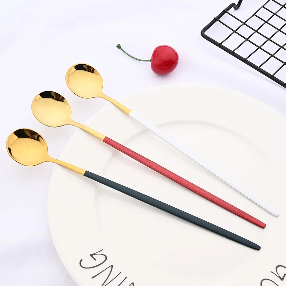 6Pcs Gold Cutlery Set: Coffee, Tea, Juice Spoons - Long Handle Scoops for Ice Cream - Kitchen Tableware Tools