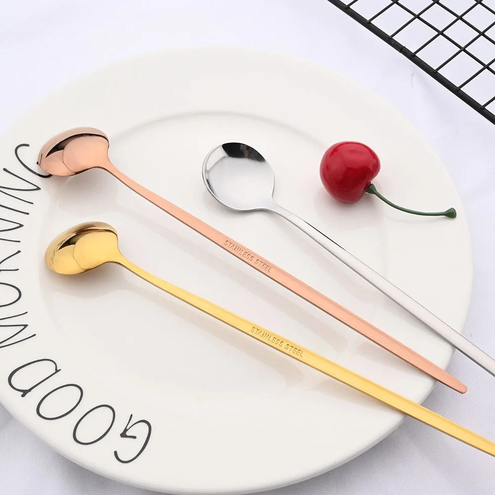 6Pcs Gold Cutlery Set: Coffee, Tea, Juice Spoons - Long Handle Scoops for Ice Cream - Kitchen Tableware Tools
