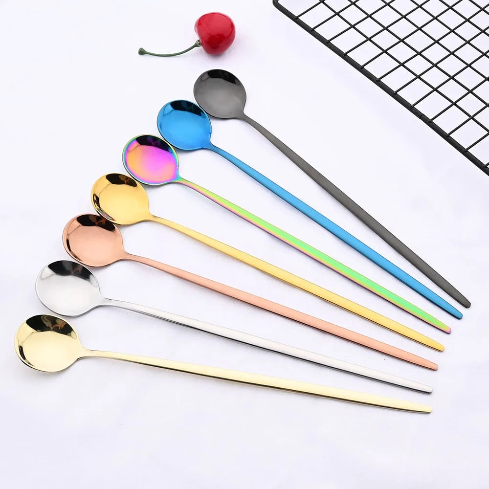 6Pcs Gold Cutlery Set: Coffee, Tea, Juice Spoons - Long Handle Scoops for Ice Cream - Kitchen Tableware Tools