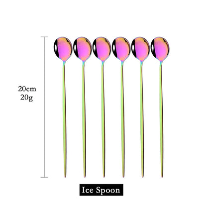 6Pcs Gold Cutlery Set: Coffee, Tea, Juice Spoons - Long Handle Scoops for Ice Cream - Kitchen Tableware Tools