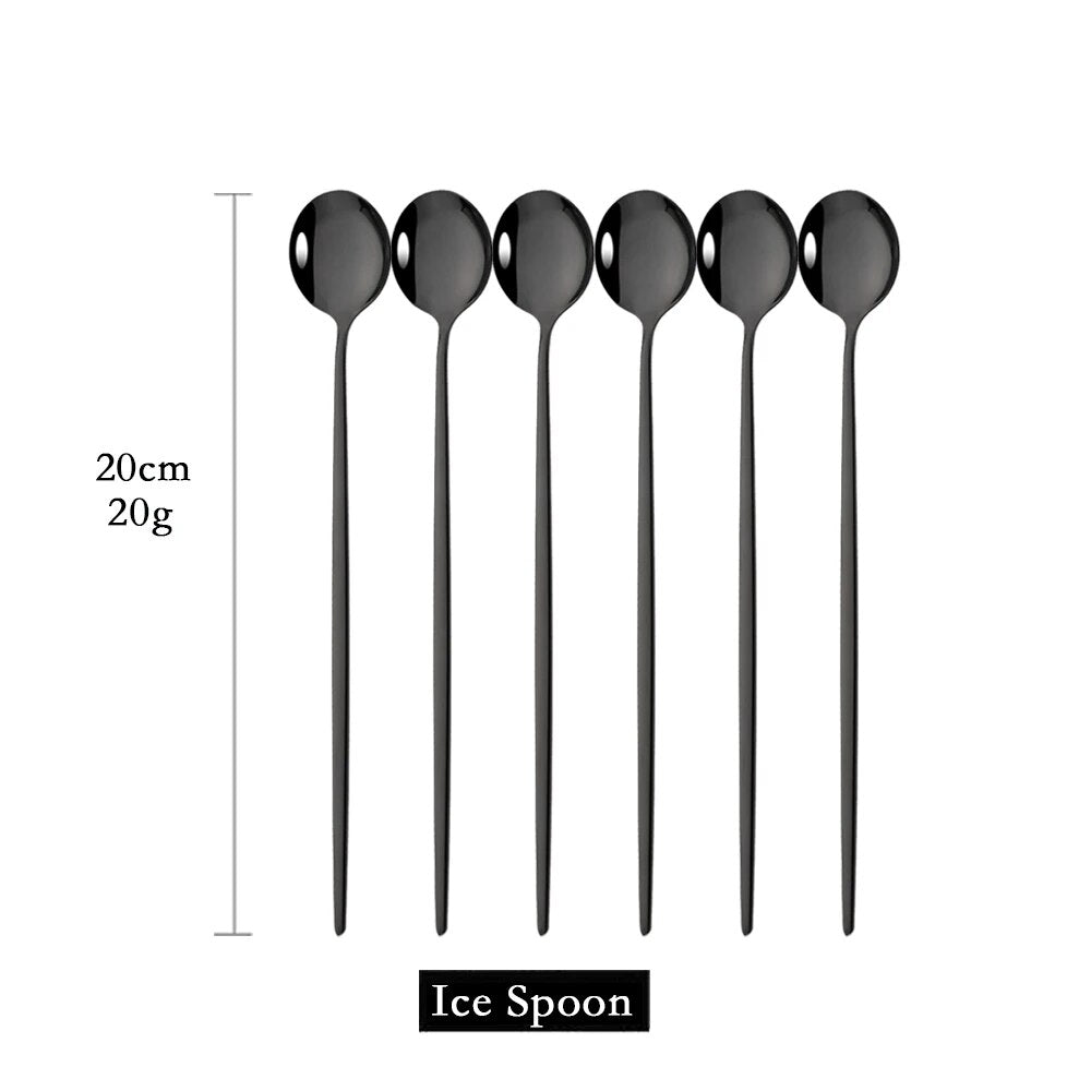 6Pcs Gold Cutlery Set: Coffee, Tea, Juice Spoons - Long Handle Scoops for Ice Cream - Kitchen Tableware Tools