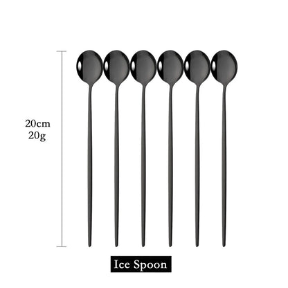 6Pcs Gold Cutlery Set: Coffee, Tea, Juice Spoons - Long Handle Scoops for Ice Cream - Kitchen Tableware Tools