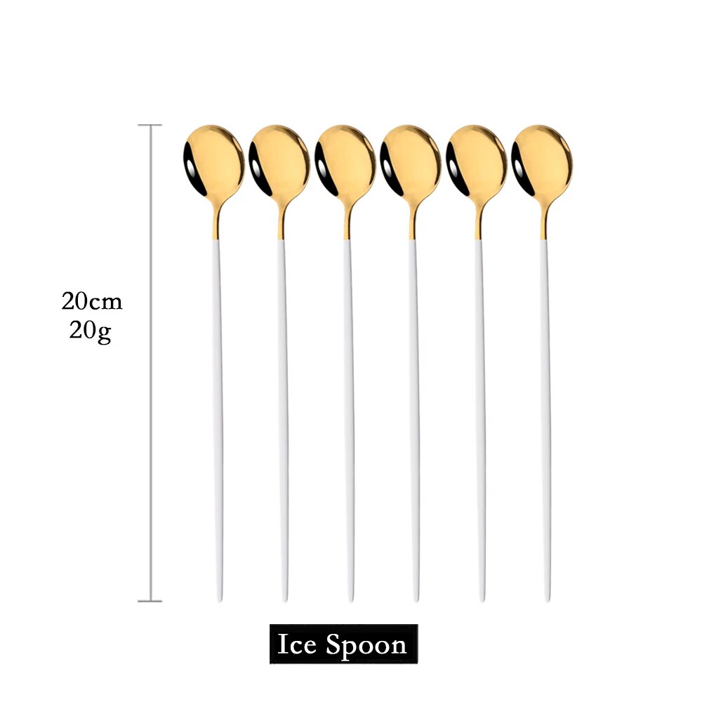 6Pcs Gold Cutlery Set: Coffee, Tea, Juice Spoons - Long Handle Scoops for Ice Cream - Kitchen Tableware Tools