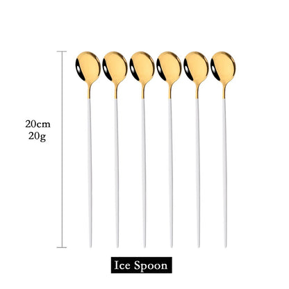 6Pcs Gold Cutlery Set: Coffee, Tea, Juice Spoons - Long Handle Scoops for Ice Cream - Kitchen Tableware Tools
