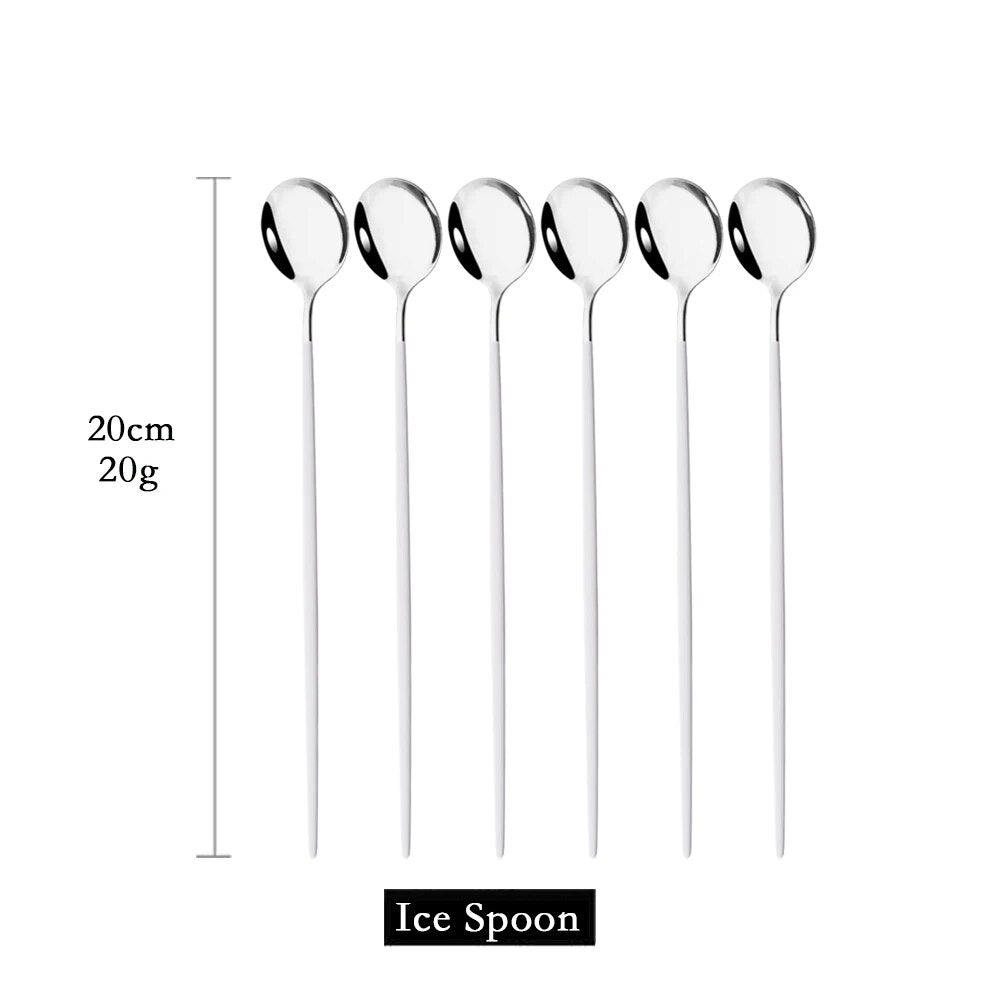6Pcs Gold Cutlery Set: Coffee, Tea, Juice Spoons - Long Handle Scoops for Ice Cream - Kitchen Tableware Tools