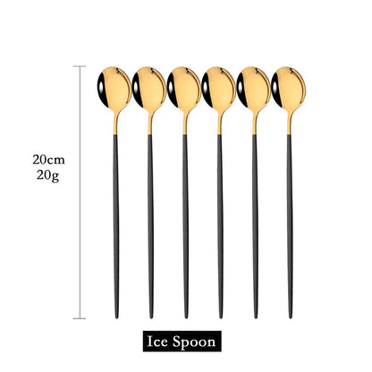 6Pcs Gold Cutlery Set: Coffee, Tea, Juice Spoons - Long Handle Scoops for Ice Cream - Kitchen Tableware Tools