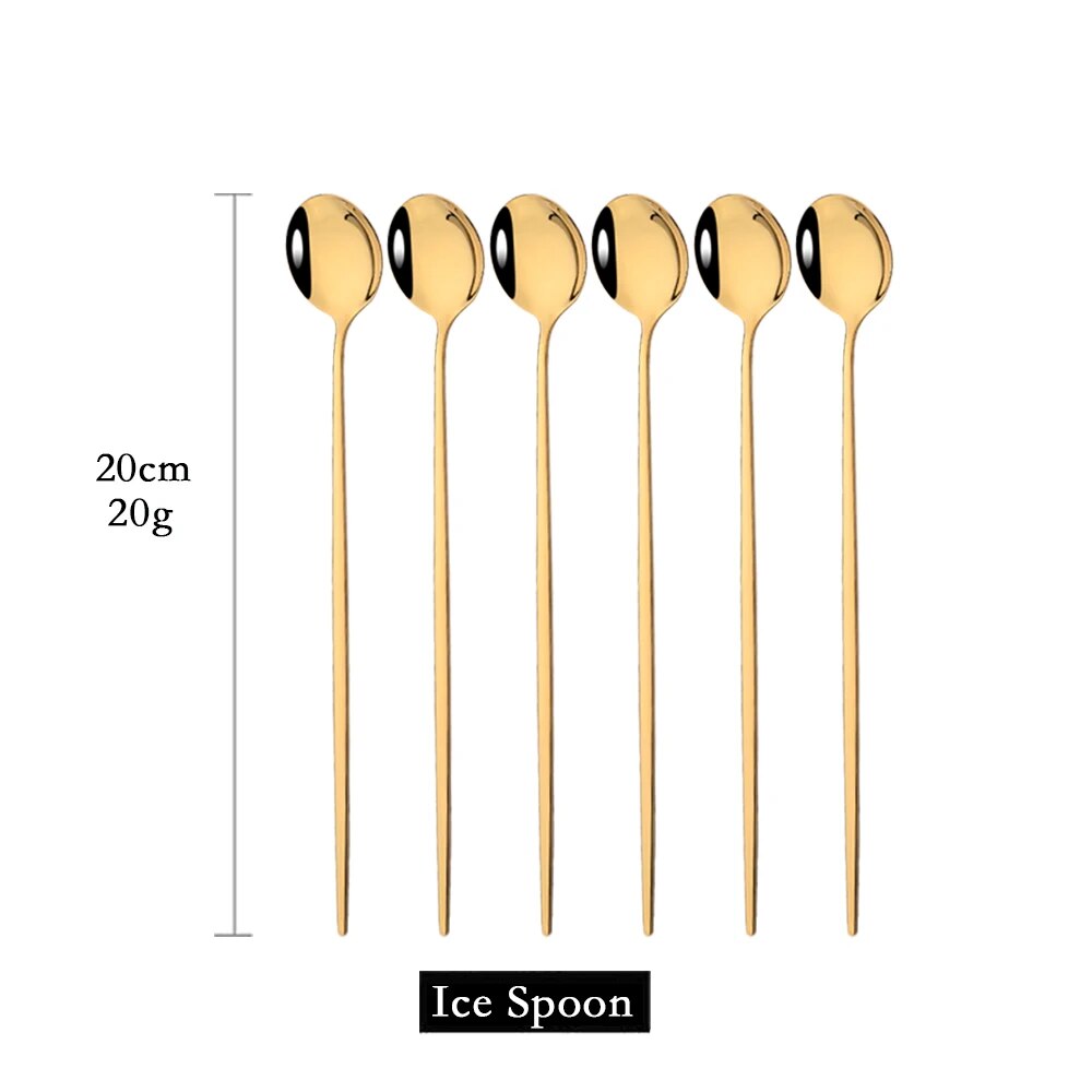 6Pcs Gold Cutlery Set: Coffee, Tea, Juice Spoons - Long Handle Scoops for Ice Cream - Kitchen Tableware Tools