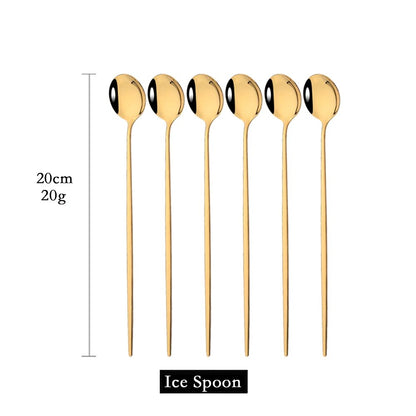 6Pcs Gold Cutlery Set: Coffee, Tea, Juice Spoons - Long Handle Scoops for Ice Cream - Kitchen Tableware Tools