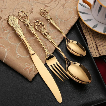 Luxury Golden Stainless Steel Cutlery Set - Complete Dinnerware in European Gift Box for Retro Christmas Table Setting