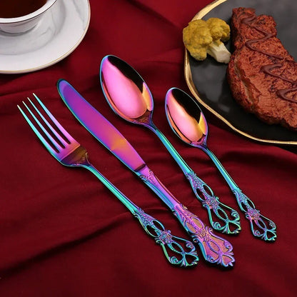 Luxury Golden Stainless Steel Cutlery Set - Complete Dinnerware in European Gift Box for Retro Christmas Table Setting