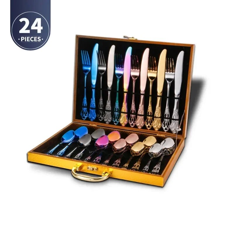 Luxury Golden Stainless Steel Cutlery Set - Complete Dinnerware in European Gift Box for Retro Christmas Table Setting