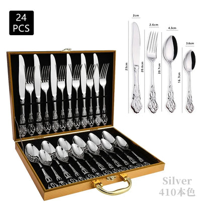 Luxury Golden Stainless Steel Cutlery Set - Complete Dinnerware in European Gift Box for Retro Christmas Table Setting