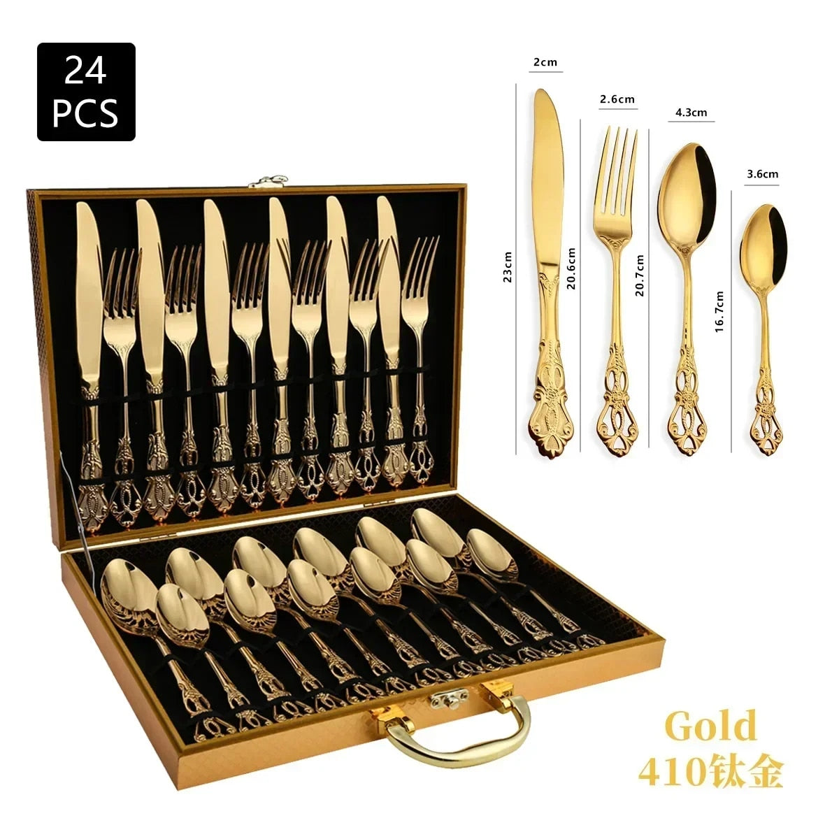 Luxury Golden Stainless Steel Cutlery Set - Complete Dinnerware in European Gift Box for Retro Christmas Table Setting