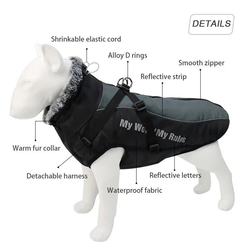 Large Dog Winter Coat: Waterproof Jacket with Harness & Furry Collar