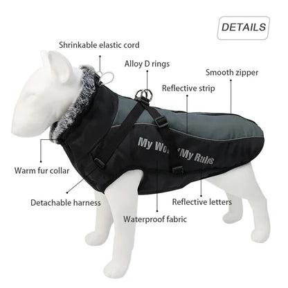 Large Dog Winter Coat: Waterproof Jacket with Harness & Furry Collar
