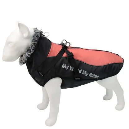 Large Dog Winter Coat: Waterproof Jacket with Harness & Furry Collar