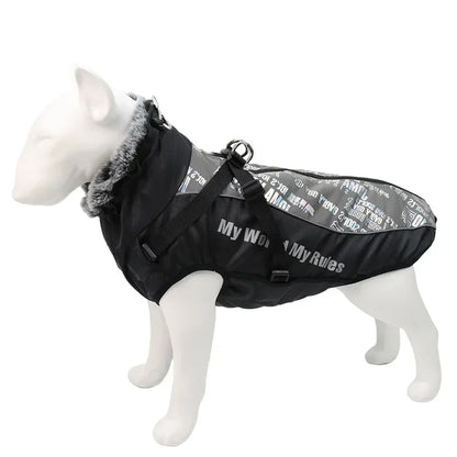 Large Dog Winter Coat: Waterproof Jacket with Harness & Furry Collar
