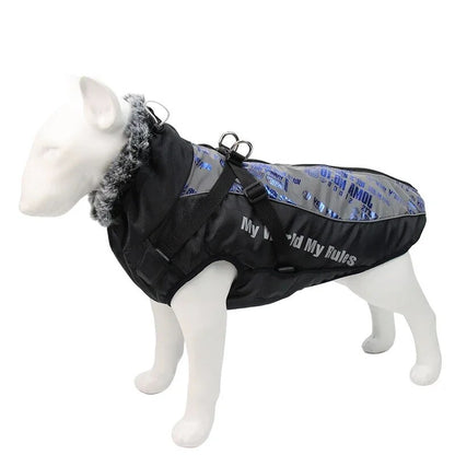 Large Dog Winter Coat: Waterproof Jacket with Harness & Furry Collar