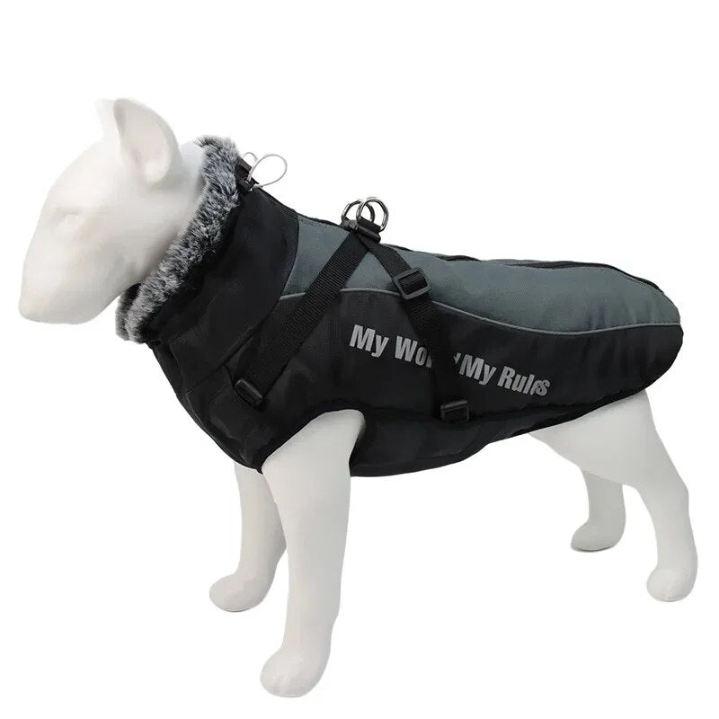 Large Dog Winter Coat: Waterproof Jacket with Harness & Furry Collar