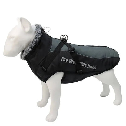 Large Dog Winter Coat: Waterproof Jacket with Harness & Furry Collar