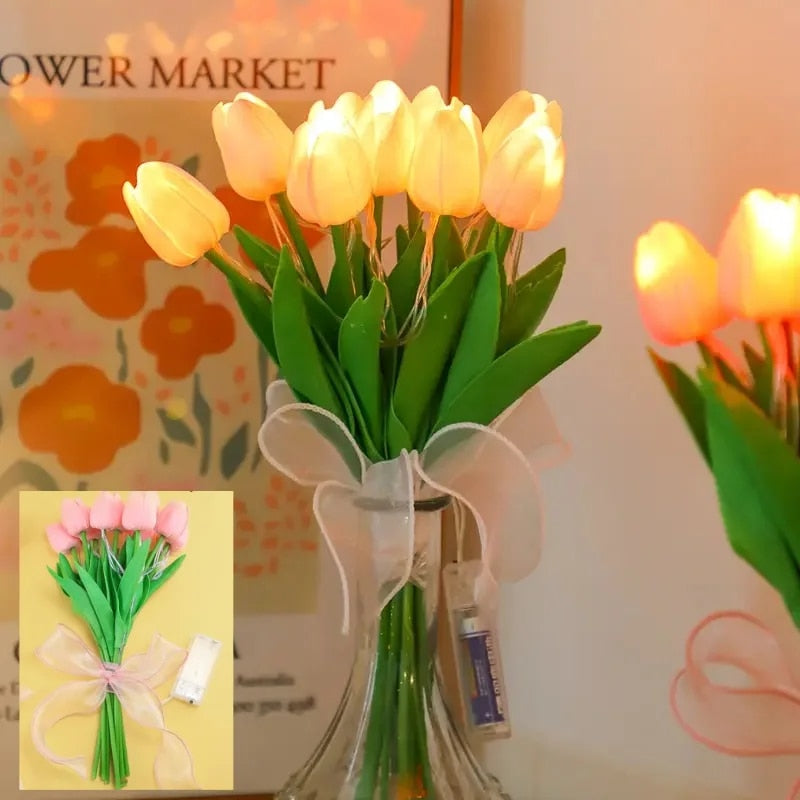 10pcs LED Artificial Tulip Flowers Table Lamp Simulation Bouquet Night Light Home Decoration