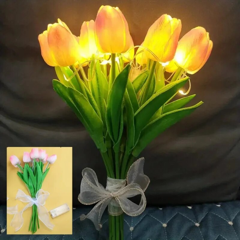 10pcs LED Artificial Tulip Flowers Table Lamp Simulation Bouquet Night Light Home Decoration