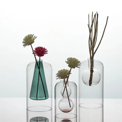 Glass Vase: Home Room & Wedding Decor, Hydroponic Flower Pot, Aromatherapy Bottle - Double Glass Container Crafts Orname