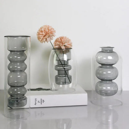 Glass Vase: Home Room & Wedding Decor, Hydroponic Flower Pot, Aromatherapy Bottle - Double Glass Container Crafts Orname