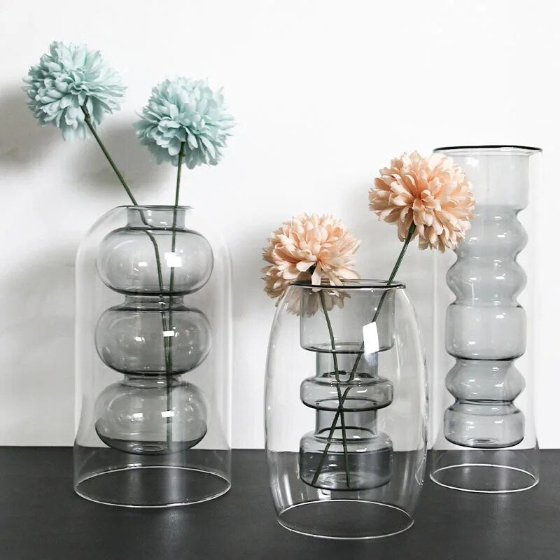 Glass Vase: Home Room & Wedding Decor, Hydroponic Flower Pot, Aromatherapy Bottle - Double Glass Container Crafts Orname