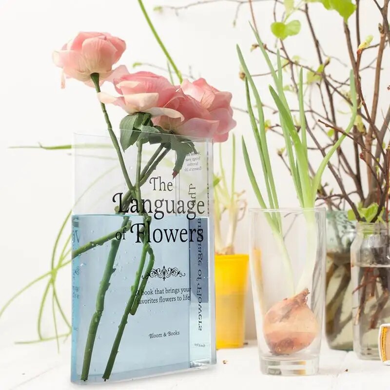Clear Book Vase: Cute Bookshelf Decor for Floral Arrangement - Home Decor & Flower Holder
