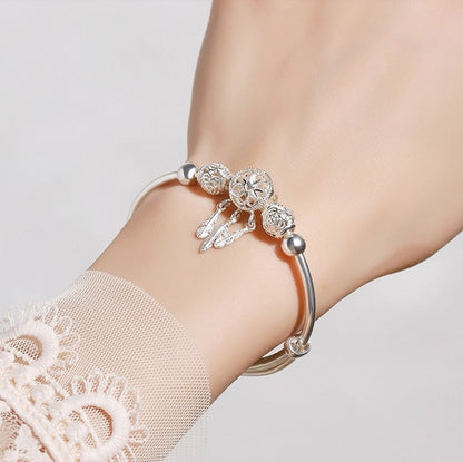 925 Sterling Silver Dreamcatcher Charm Bracelet: Adjustable Tassel, Feather & Bead Cuff for Elegant Women's Wedding