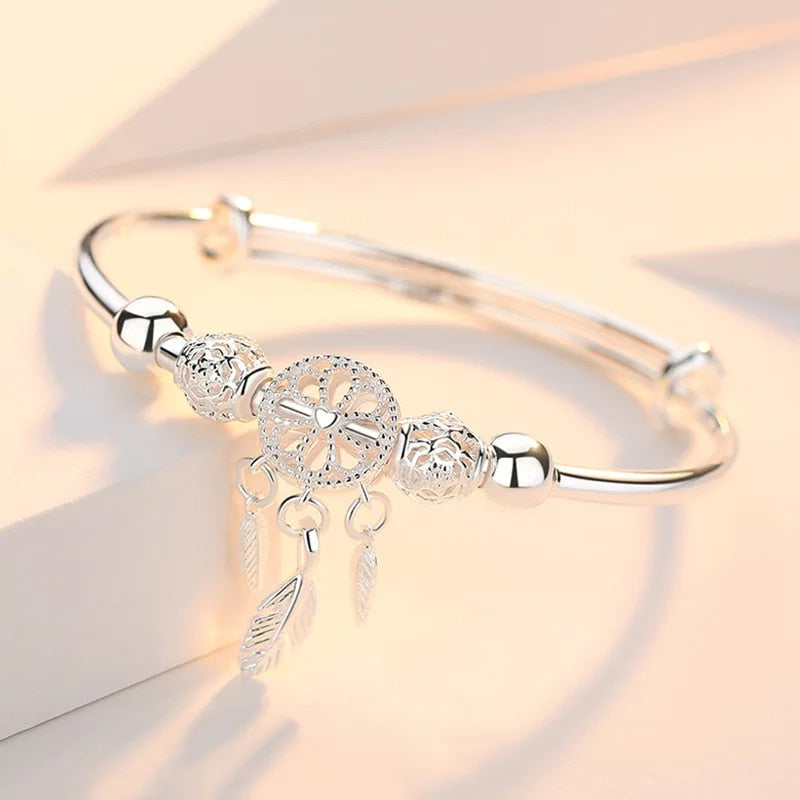 925 Sterling Silver Dreamcatcher Charm Bracelet: Adjustable Tassel, Feather & Bead Cuff for Elegant Women's Wedding