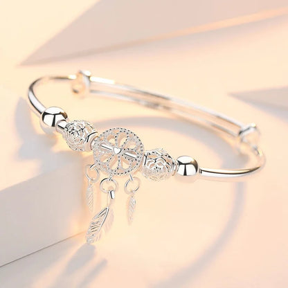 925 Sterling Silver Dreamcatcher Charm Bracelet: Adjustable Tassel, Feather & Bead Cuff for Elegant Women's Wedding