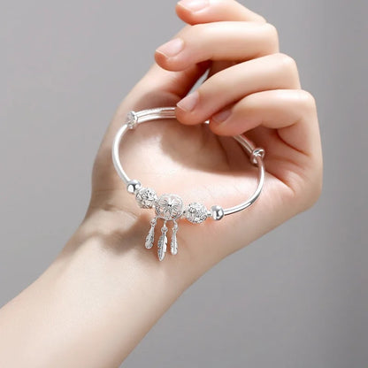 925 Sterling Silver Dreamcatcher Charm Bracelet: Adjustable Tassel, Feather & Bead Cuff for Elegant Women's Wedding