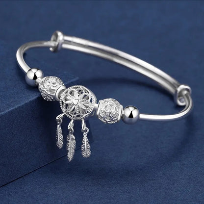 925 Sterling Silver Dreamcatcher Charm Bracelet: Adjustable Tassel, Feather & Bead Cuff for Elegant Women's Wedding