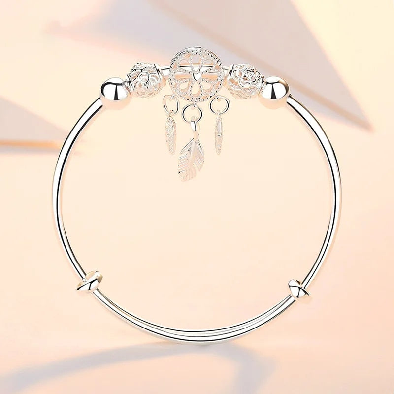925 Sterling Silver Dreamcatcher Charm Bracelet: Adjustable Tassel, Feather & Bead Cuff for Elegant Women's Wedding