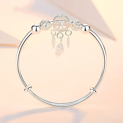 925 Sterling Silver Dreamcatcher Charm Bracelet: Adjustable Tassel, Feather & Bead Cuff for Elegant Women's Wedding