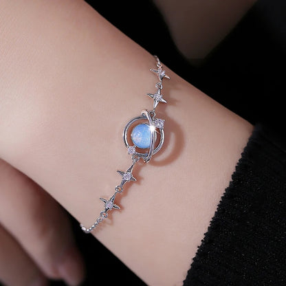 Korean Starlight Charm Bracelet: Elegant Opal & Zircon Detail, Delicate Silver Chain Bangle for Women