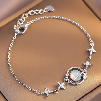Korean Starlight Charm Bracelet: Elegant Opal & Zircon Detail, Delicate Silver Chain Bangle for Women