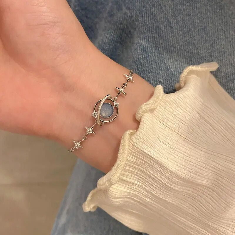 Korean Starlight Charm Bracelet: Elegant Opal & Zircon Detail, Delicate Silver Chain Bangle for Women