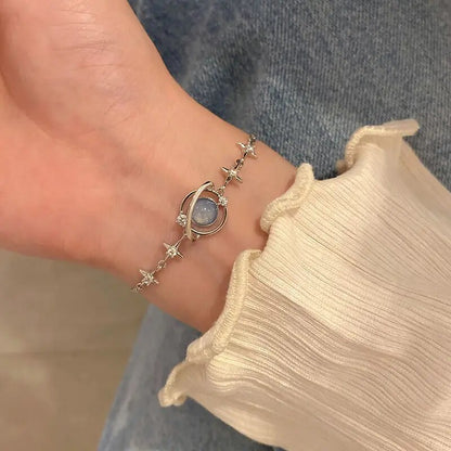 Korean Starlight Charm Bracelet: Elegant Opal & Zircon Detail, Delicate Silver Chain Bangle for Women