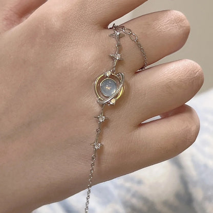 Korean Starlight Charm Bracelet: Elegant Opal & Zircon Detail, Delicate Silver Chain Bangle for Women