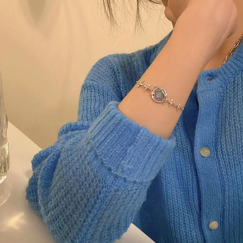 Korean Starlight Charm Bracelet: Elegant Opal & Zircon Detail, Delicate Silver Chain Bangle for Women