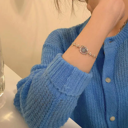 Korean Starlight Charm Bracelet: Elegant Opal & Zircon Detail, Delicate Silver Chain Bangle for Women
