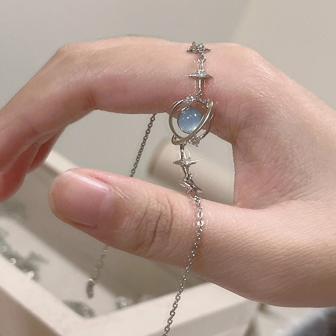 Korean Starlight Charm Bracelet: Elegant Opal & Zircon Detail, Delicate Silver Chain Bangle for Women