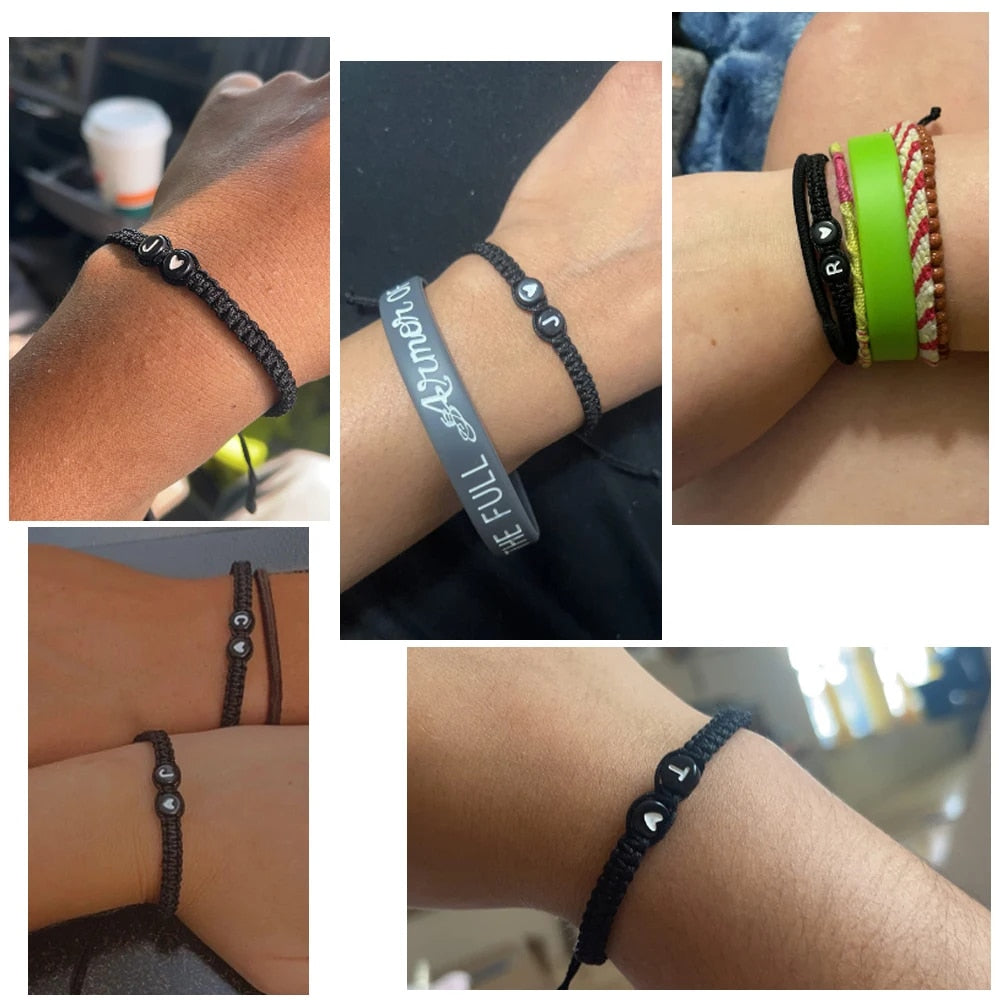 Handmade Adjustable Initial Heart Charms Bracelets: A-Z Name Braided Bracelets for Women & Men - Friendship Jewelry Gift