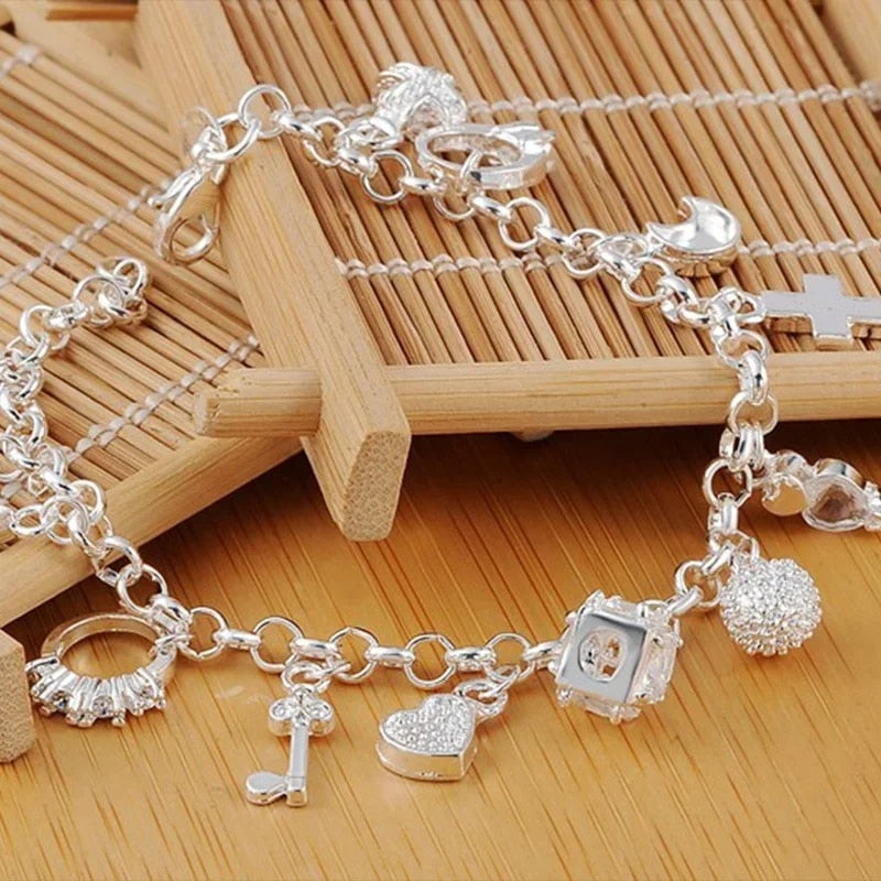 925 Sterling Silver Charm Bracelet for Women & Teens: 13-Piece Pendant Chain, Lady's Fine Jewelry Gift