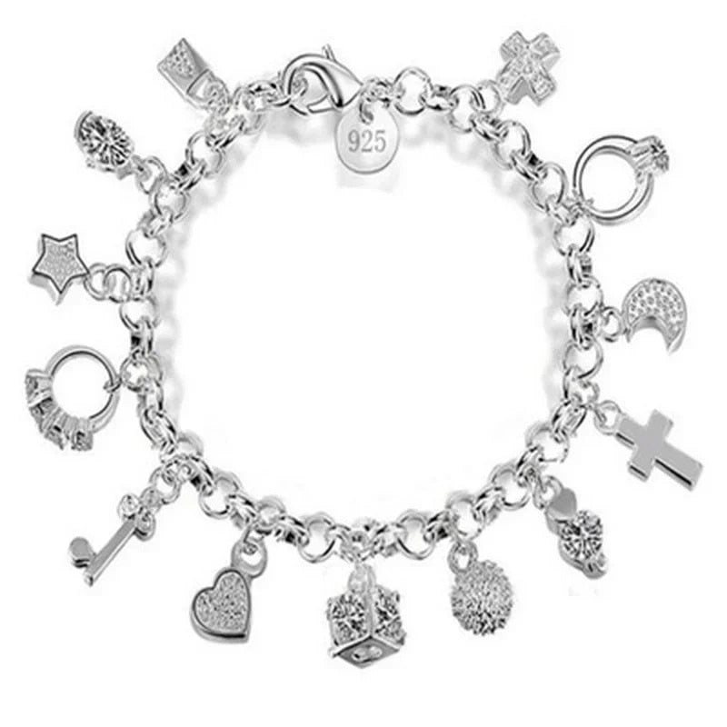 925 Sterling Silver Charm Bracelet for Women & Teens: 13-Piece Pendant Chain, Lady's Fine Jewelry Gift