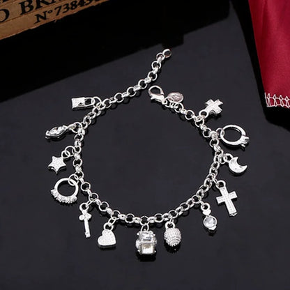 925 Sterling Silver Charm Bracelet for Women & Teens: 13-Piece Pendant Chain, Lady's Fine Jewelry Gift