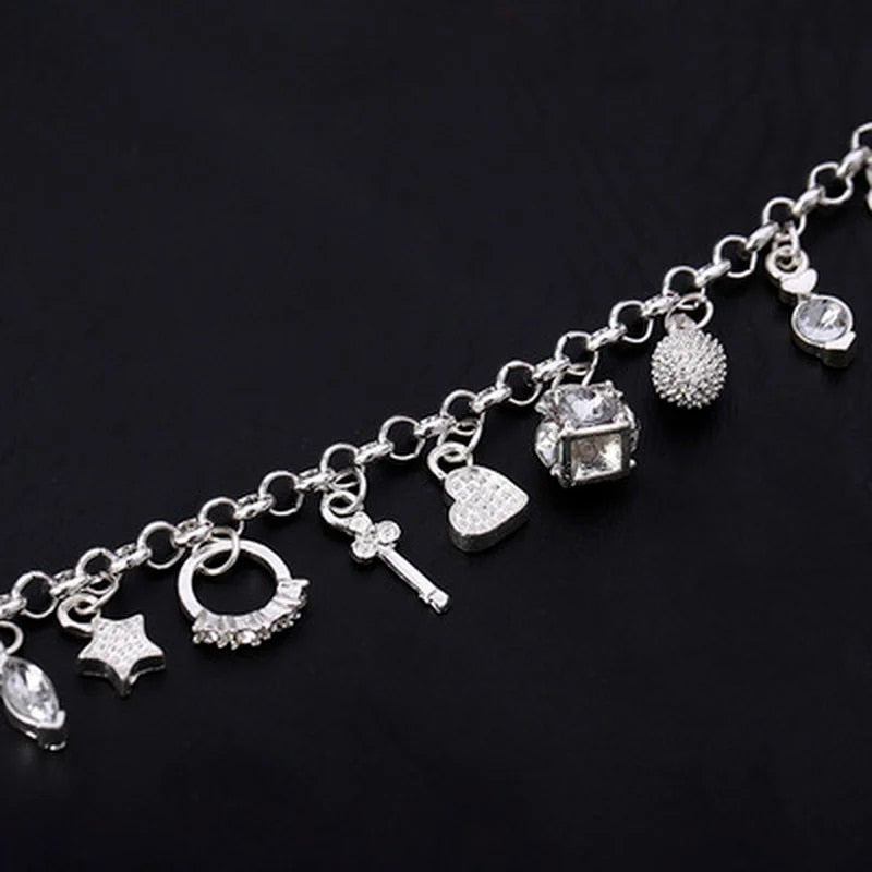 925 Sterling Silver Charm Bracelet for Women & Teens: 13-Piece Pendant Chain, Lady's Fine Jewelry Gift